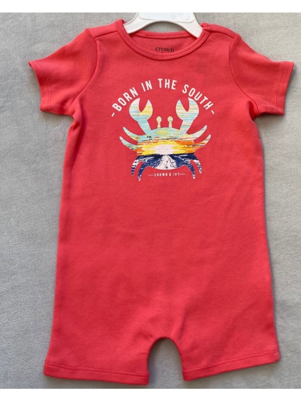 Crown & Ivy Baby 9m coral Crab romper Born in the South beach sunset summer NWT
